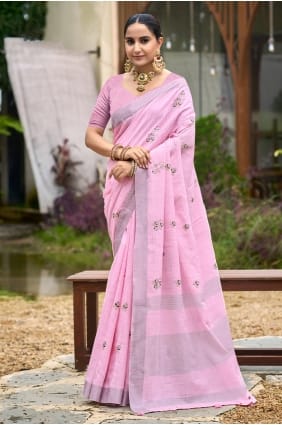 Sari en lin rose pâle avec tissage SR29914