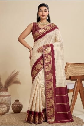 Sari Banarasi en soie brute Zari couleur crème avec blouse assortie SR30152