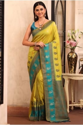 Sari en soie brute de Banaras tissée en vert SR29163