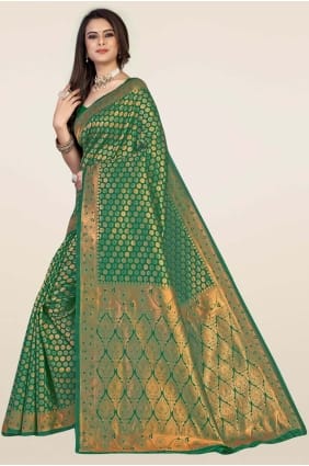 Sari en soie brute verte de Banaras avec tissage SR29256