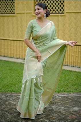 Pista Saree en soie brute Zari Banarasi SR29252