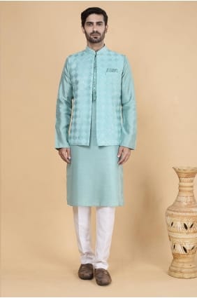 Kurta pour hommes en soie Banarasi brodée vert d'eau KURR230