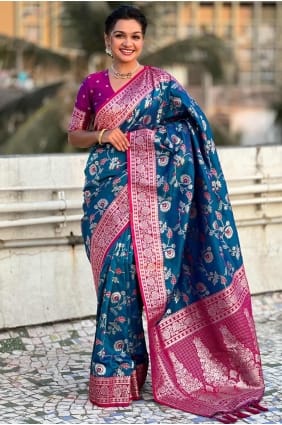 sari bleu en soie banarasi en tissage SR28350