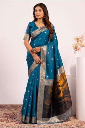 Firozi Resham, saree en soie zari Banarasi SR29776