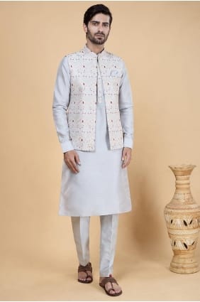 Kurta pour homme en soie Banarasi grise brodée KURR234