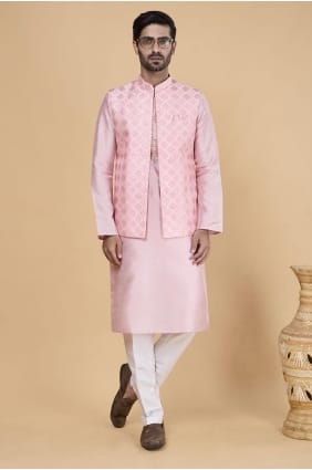 Kurta pour hommes roses brodés en soie Banarasi avec Dupatta KURR231
