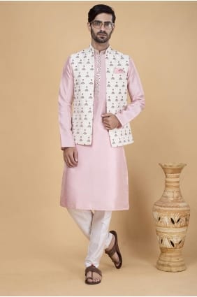 Kurta pour hommes en soie Banarasi brodée en rose avec Dupatta KURR228
