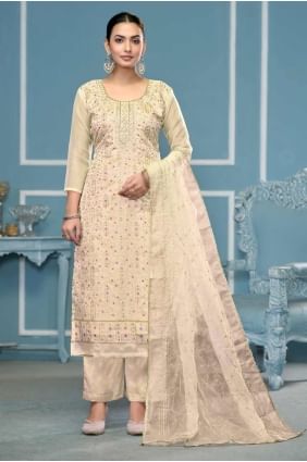 Salwar kameez en soie de Banarasi blanc cassé en tissage SK155349