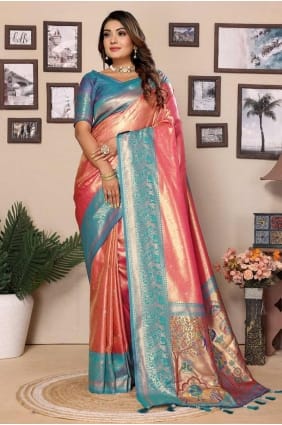 sari rose en soie banarasi en tissage SR28335