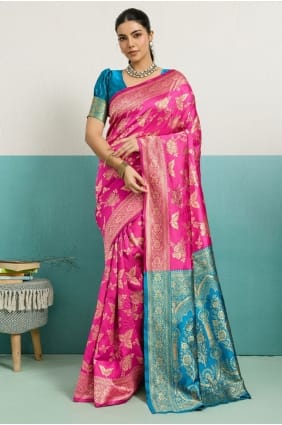 Sari rose en soie Zari Banarasi avec chemisier SR29730