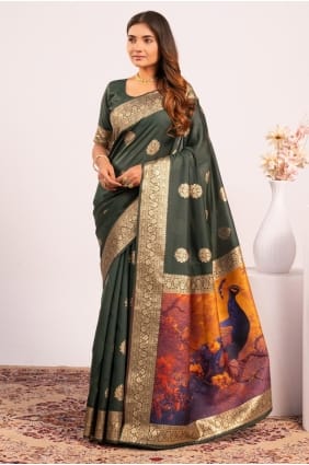 Saree en soie Banarasi vert avec Resham, zari SR29448