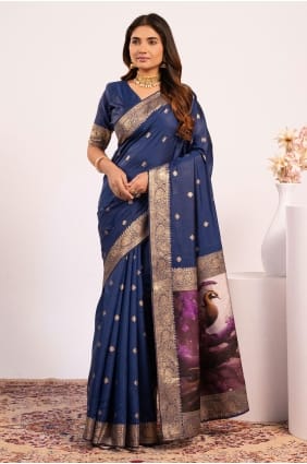 Saree en soie Banarasi avec Resham, zari en bleu Nevy SR29778
