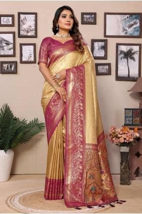 sari en soie de Banarasi beige avec tissage SR28336