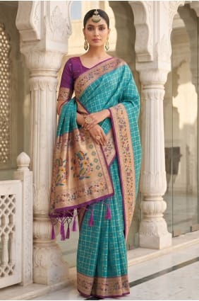 Sari turquoise en soie Banarasi tissée avec chemisier assorti SR29988