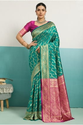 Sari en soie Banarasi vert Rama avec Zari SR29723