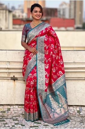 sari en soie de Banarasi rouge avec tissage SR28346