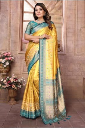 sari en soie de Banarasi avec tissage moutarde SR28367