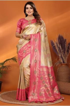 Sari beige en soie de Banarasi avec chemisier SR28249