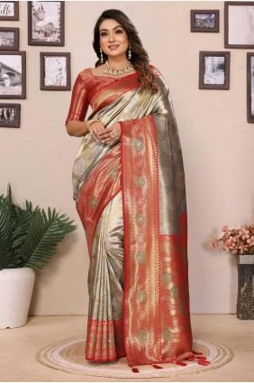 banarasi silk weaving grey sari with blouse SR28253