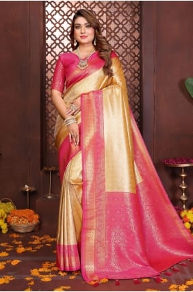 Sari en soie de Banaras tissée jaune SR29755