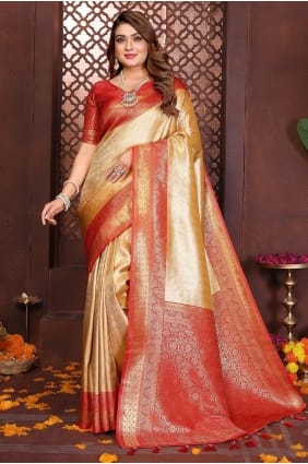 Saree en soie Banarasi tissé jaune SR29756