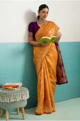 Saree en soie moutarde Zari Banarasi SR29727
