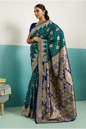 Sari en soie de Banaras avec zari de couleur turquoise SR29728