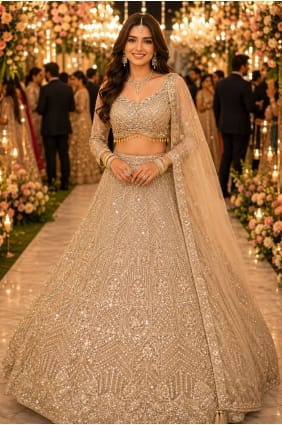 Lehenga Choli en tulle orange orné de perles LC9054