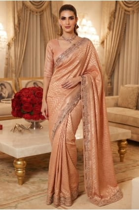 Sari en soie à sequins et perles couleur pêche SR30235