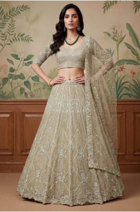 Lehenga choli de mariée beige en résille avec dupatta LC8928