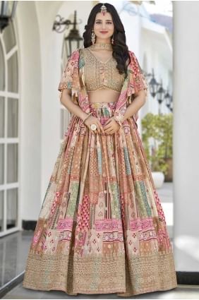 Lehenga Choli en mousseline de soie Chinon à imprimé numérique en beige LC8547