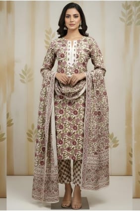 Salwar Kameez beige imprimé en coton SK156037