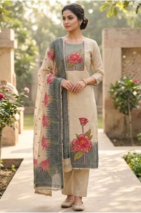 Salwar Kameez en coton imprimé beige SK15874