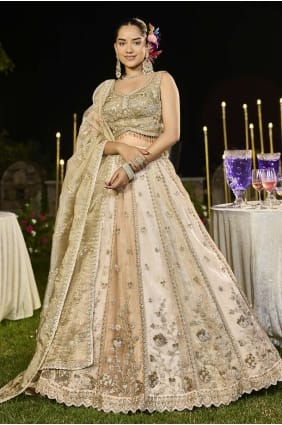 Lehenga Choli beige satiné brodé LC8747