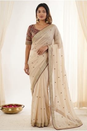Sari en soie brodée beige SR30136