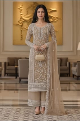 Ensemble palazzo beige en résille brodée avec dupatta PZ4471