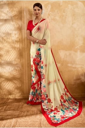 Sari en georgette beige à imprimé SR29956