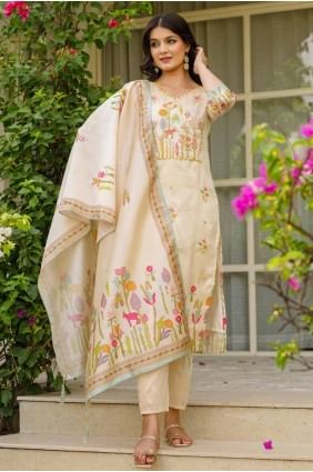 Salwar Kameez beige en soie avec imprimé SK155657
