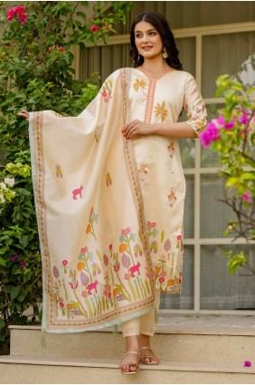 Salwar Kameez beige avec soie imprimée SK155655