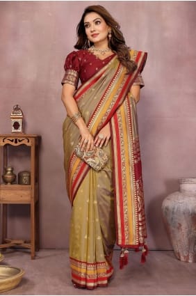 Sari en soie beige tissée à la main SR29751