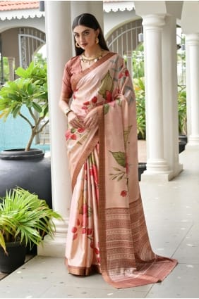 Sari en satin imprimé zari beige SR29774