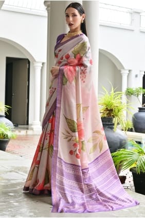 Sari beige satiné imprimé zari SR29771