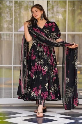 Ensemble Anarkali en mousseline imprimée numérique noire AS4151