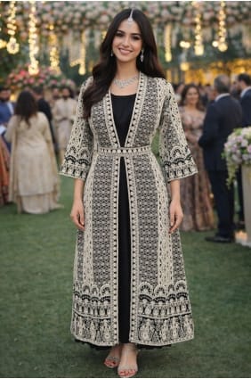 Robe longue noire brodée en mousseline de soie Chinon avec dupatta GW1257