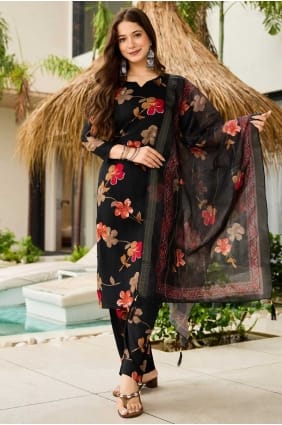 Salwar Kameez en soie imprimée numériquement noir SK155864