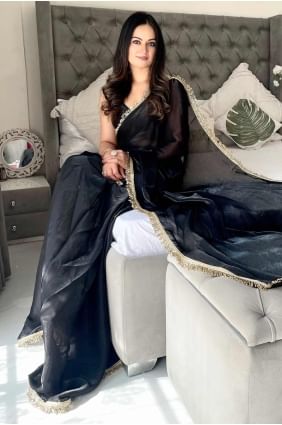 Sari bleu en satin avec dentelle SR28374