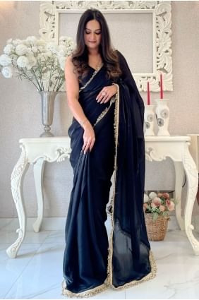 Sari noir en satin avec dentelle SR28372