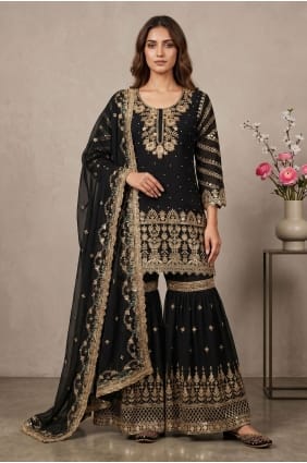 Ensemble Sharara en georgette synthétique brodée noire SS1376