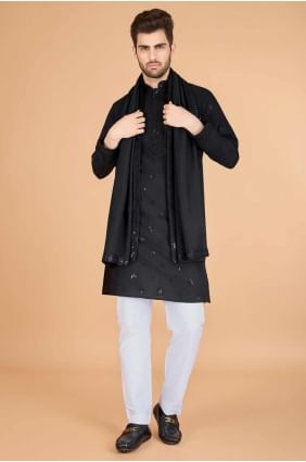 kurta noir brodé en viscose pour homme KURR513