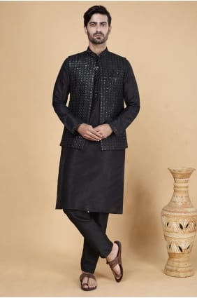 Kurta homme noir en soie Banarasi brodée KURR233